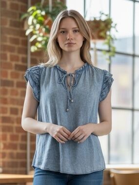 Jane and DeLancey Light Blue Ruffle Tie-Neck Women's Top XL
